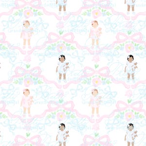 May include: Watercolor pattern featuring illustrations of young children holding dolls, interspersed with pink bows, floral arrangements, and the text "Pretty Grandmillennial" in a light blue script on a white background.