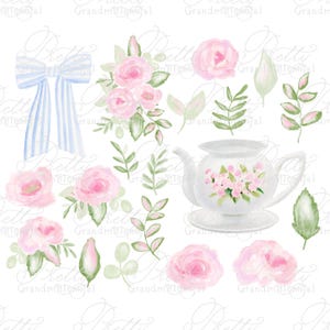 Kit de imágenes prediseñadas de tetera de acuarela, imágenes prediseñadas de flores de acuarela, lazos de cinta, juego de té shabby chic, grandmillennial, imágenes prediseñadas de princesa, rosas