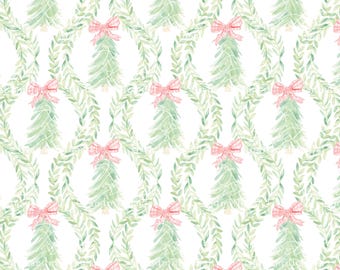 Watercolor Christmas Tree Garland Gingham Bow, seamless pattern, christmas garland pattern, grandmillennial, clipart shop, christmas pattern