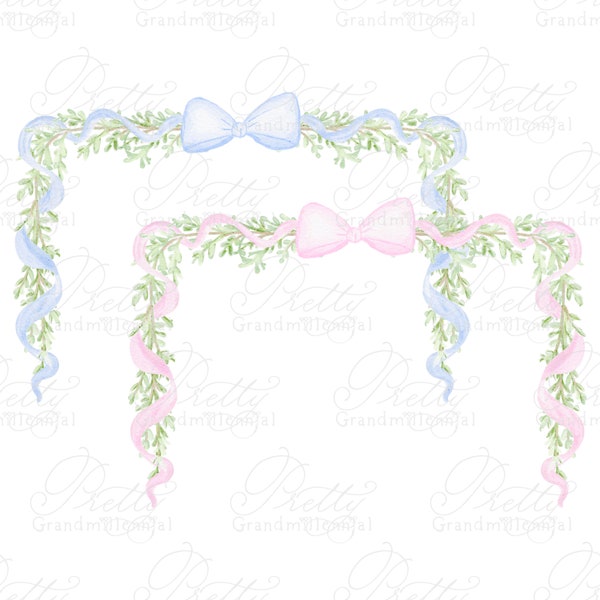 Fir swag clipart, garland ribbon clipart, blue christmas bows, clipart frame, grandmillennial border, swag ribbon, christmas ribbons