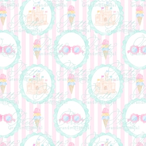May include: A seamless pattern featuring watercolor illustrations of ice cream cones, sandcastles, and sunglasses on a pink and white striped background. The illustrations are surrounded by teal circles with scalloped edges.