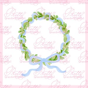 Grandmillennial wreath clipart, Christmas wreath clipart, blue bow ribbon clipart, bow wreath clipart, preppy clipart, watercolor clipart