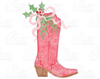 Christmas Cowboy Cowgirl Boot With Holly Berries, southern Christmas clipart, Christmas cowboy clipart, cowboy clipart, Cowgirl clipart