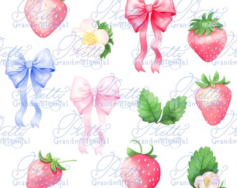 Strawberries clipart, Summer clipart, bows clipart, grandmillennial lane, grandmillennial clipart, pretty grandmillennial, watercolor preppy