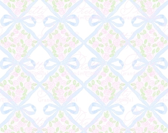 Preppy seamless pattern, bow ribbonerie seamless pattern, grandmillennial patterns, Blue Ribbon & Bows Pink Roses Seamless Pattern