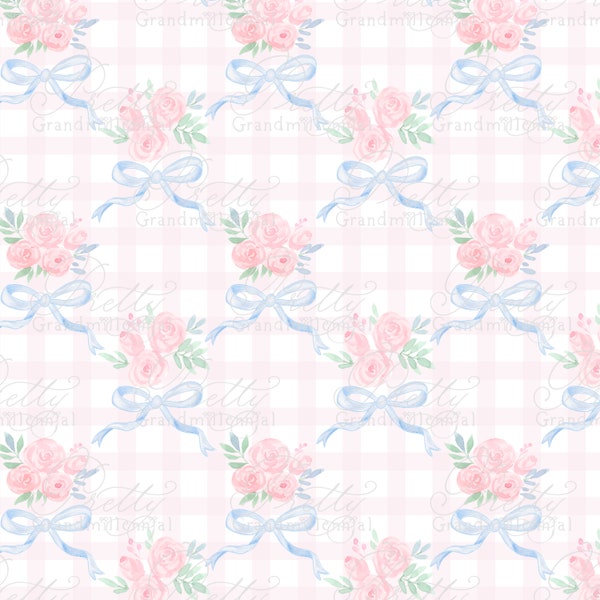 Watercolor Bows Roses Gingham Pattern, watercolor hearts, hearts pattern, commercial use patterns, pattern shop, grandmillennial patterns,