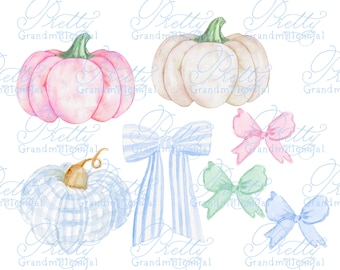 Grandmillennial pumpkin clipart, pink pumpkin clipart, white pumpkin watercolor, watercolor pumpkins, watercolor fall clipart, autumn