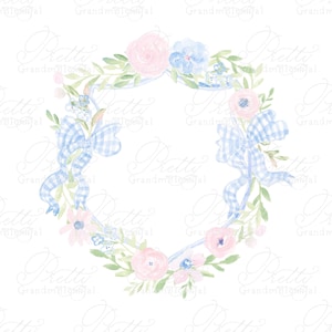 Watercolor Double Gingham Bow Crest, wedding crest, watercolor crest, double bow crest, grandmillennial crest, nursery crest, crest clipart