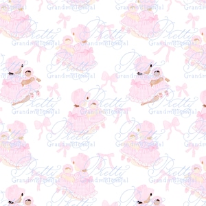 Pode incluir: Um padrão repetitivo com ilustrações de uma menina com um vestido e chapéu rosa segurando uma boneca. O design inclui laços rosa e a palavra "Pretty" em itálico, com o texto "Grandmillennial" abaixo.