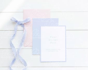 Grandmillennial mockup, invitation mockup, stationery mockup, 5x7 mockup, 5x7 invitation mockup, gingham bow, card mockup, smart object psd