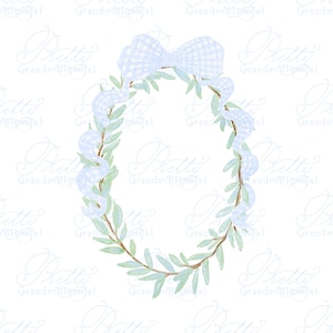 May include: Watercolor illustration of a wreath with green leaves, a light blue gingham bow, and matching ribbon. The wreath is a circular design, perfect for spring or Easter decor.