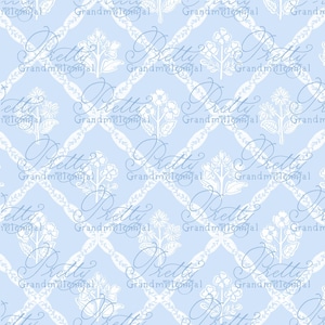 Preppy pattern, grandmillennial pattern, seamless pattern, floral pattern print, commercial use pattern, blue and white pattern