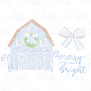 Christmas blue barn clipart, pink barn clipart, Cute barn, southern country Christmas, watercolor clipart, wreath bow, candy canes, clipart