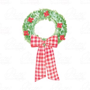 Watecolor Christmas wreath, watercolor wreath, gingham Christmas bow, bow wreath, commercial use clipart, watercolor clipart Christmas