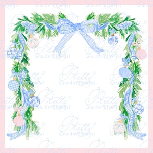 Christmas Watercolor bow garland frame, watercolor frame, Christmas balls frame, blue ribbon bow frame,