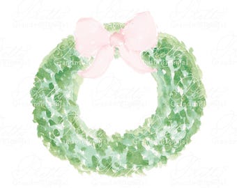 Watecolor Christmas wreath, watercolor wreath, watercolor bow, bow wreath, commercial use clipart, watercolor clipart Christmas