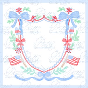 Watercolor 4th of July crest, preppy American flag crest, Independence Day crest, watercolor grandmillennial clipart, pretty grandmillennial
