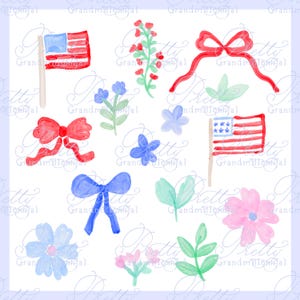 Preppy Patriotic clipart, grandmillennial Independence Day clipart, watercolor 4th of July clipart, American flag clipart, grandmillennial