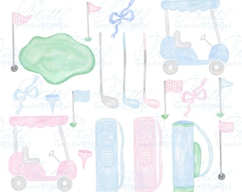 Golf clipart, watercolor golf clipart, grandmillennial clipart, golf cart clipart, clipart shop, golf club clipart, golf bag clipart