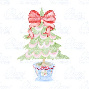 Clipart de árbol de Navidad, árbol de Navidad de acuarela, clipart de lazo rojo, lazo rojo de Navidad, maceta chinoiserie, clipart de boj, cinta navideña