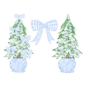 Imágenes prediseñadas de árbol de Navidad grandmillennial, árbol de Navidad de acuarela, lazo de cuadros navideños, maceta chinoiserie, árbol de Navidad chinoiserie