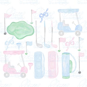 Clipart golfowy, clipart golfowy akwarelowy, clipart grandmillennial, clipart wózka golfowego, sklep z clipartami, clipart kija golfowego, clipart torby golfowej