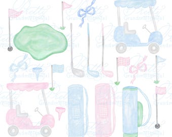 Golf clipart, watercolor golf clipart, grandmillennial clipart, golf cart clipart, clipart shop, golf club clipart, golf bag clipart