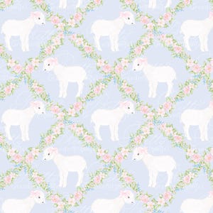 Lamb Floral Trellis Pattern on Blue, spring lamb pattern, watercolor lamb pattern, spring lambs clipart, grandmillennial, commercial use