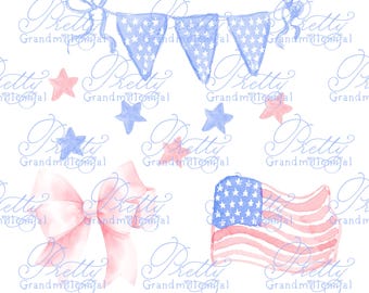 4th of July clipart, grandmillennial clipart, independence day clipart, watercolor patriotic clipart pack