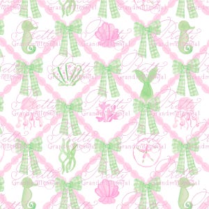Grandmillennial seashells Summer pattern, summer sea seamless pattern, seashell pattern, preppy sea horse pattern, seamless pattern