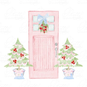 Christmas door clipart, christmas clipart, pink door clipart, watercolor pink door, interior design clipart, bow clipart, chtistmas trees