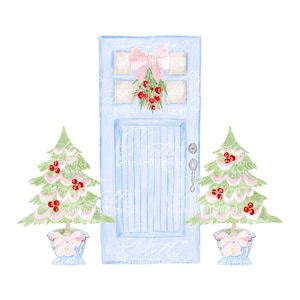 Blue Christmas door clipart, christmas clipart, Blue door clipart, watercolor door, interior design clipart, bow clipart, chinoiserie pot