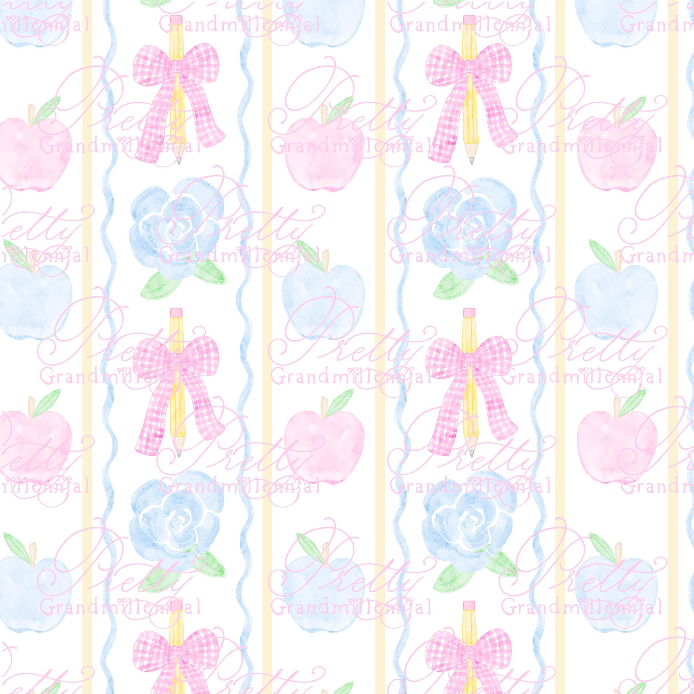 Grandmillennial Back to school pattern, gingham bows apple print, watercolor school pattern, blue apple print, back to school pattern