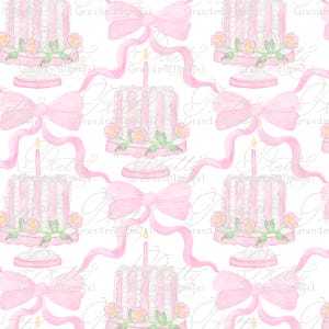May include: Watercolor pattern featuring pink and white cakes with candles, floral accents, and pink bows. The cakes are on pedestals, and ribbons flow across a white background. The text "Pretty Grandma" is visible.