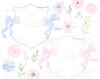 Watercolor Double Gingham Bow Crest Clipart Elements, watercolor crest creator, gingham bow crest clipart, wedding crest clipart creator