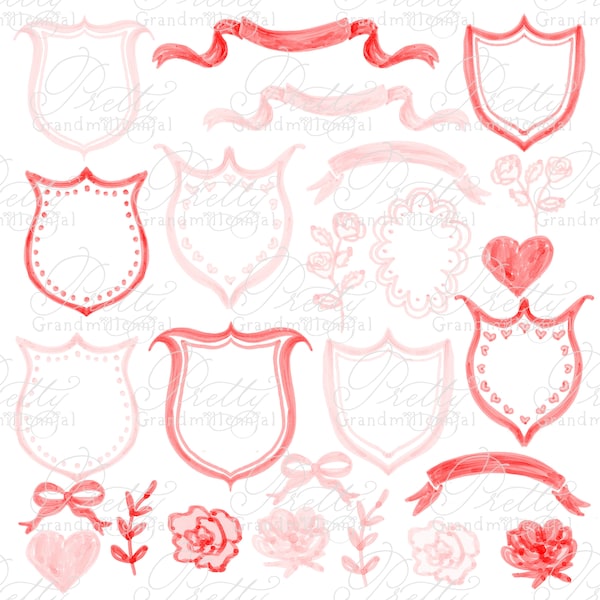 Kit de crête de la Saint-Valentin, crêtes Clipart aquarelle crêtes de la Saint-Valentin, aquarelle de la Saint-Valentin, clipart de la Saint-Valentin, crête, grandmillennial