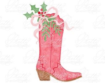 Christmas Cowboy Cowgirl Boot With Holly Berries, southern Christmas clipart, Christmas cowboy clipart, cowboy clipart, Cowgirl clipart