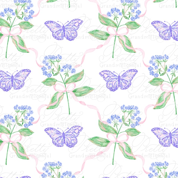 Butterflies Seamless Pattern with Bows, purple butterfly, pattern shop, seamless pattern, spring pattern, grandmillennial patterns