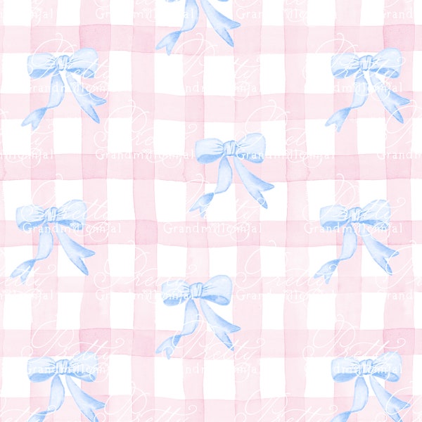 Watercolor gingham bow pattern, gingham bows pattern, gingham seamless pattern, plaid seamless pattern, gingham buffalo pattern seamless