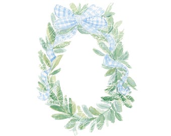 Corona navideña de acuarela, lazo de cuadros azules de acuarela, clipart de corona, clipart de lazo, clipart de grandmillennial, clipart de corona de lazo