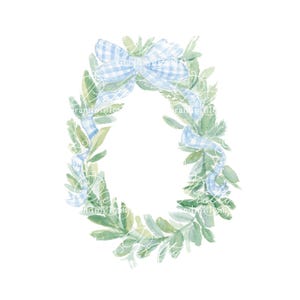 Watercolor Christmas Wreath, watercolor Blue Gingham Bow, wreath clipart, bow clipart, grandmillennial clipart, bow wreath clipart