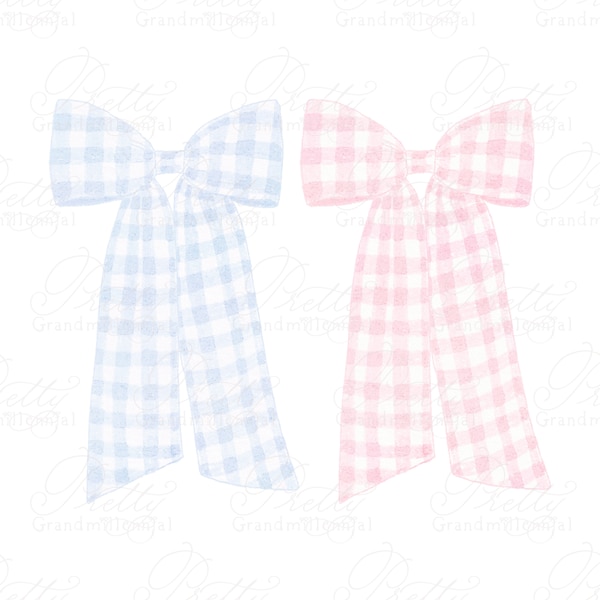 Gingham Bows clipart, Cute bows, ribbon clipart, pink bows, blue bows, grandmillennial clipart, commercial use clipart, Bow clipart