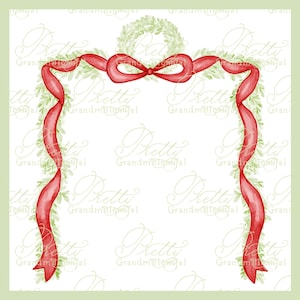 Preppy Christmas garland frame, Christmas frame, red ribbon bow frame, preppy Christmas clipart, grandmillennial clipart