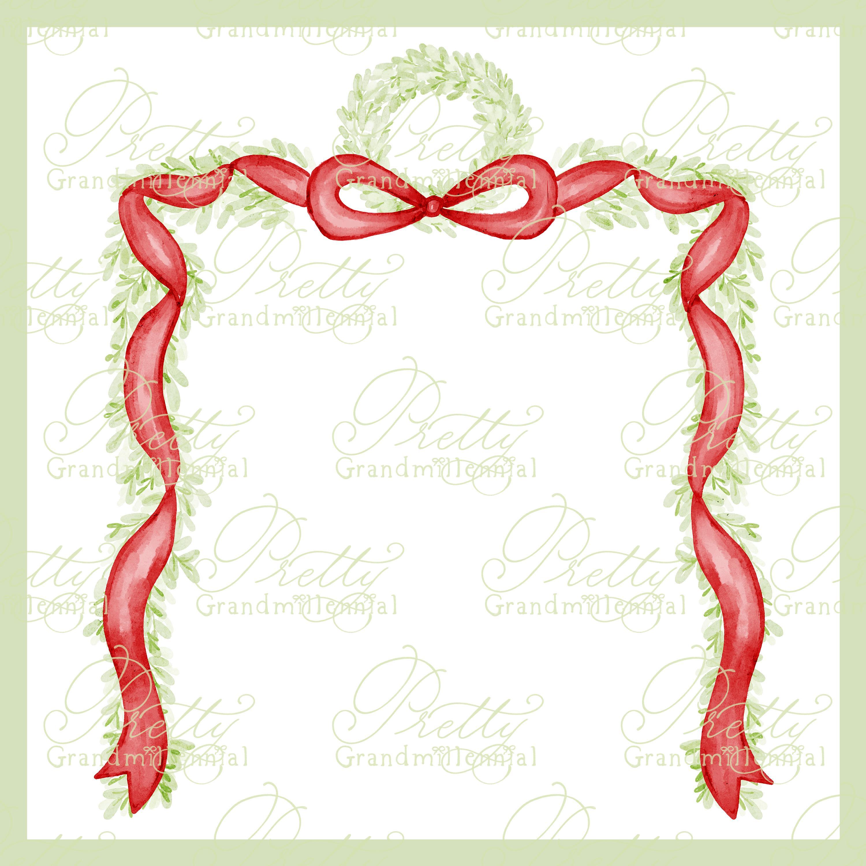 Preppy Christmas garland frame, Christmas frame, red ribbon bow frame, preppy Christmas clipart, grandmillennial clipart