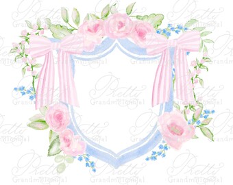 Watercolor Double Bow Crest, wedding crest, watercolor crest, double bow crest, grandmillennial crest, nursery crest, crest clipart