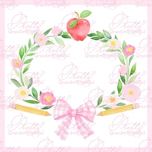Back to school crest, frame crest, watercolor frame, graphic, back to school wreath, watercolor pencils, apples clipart