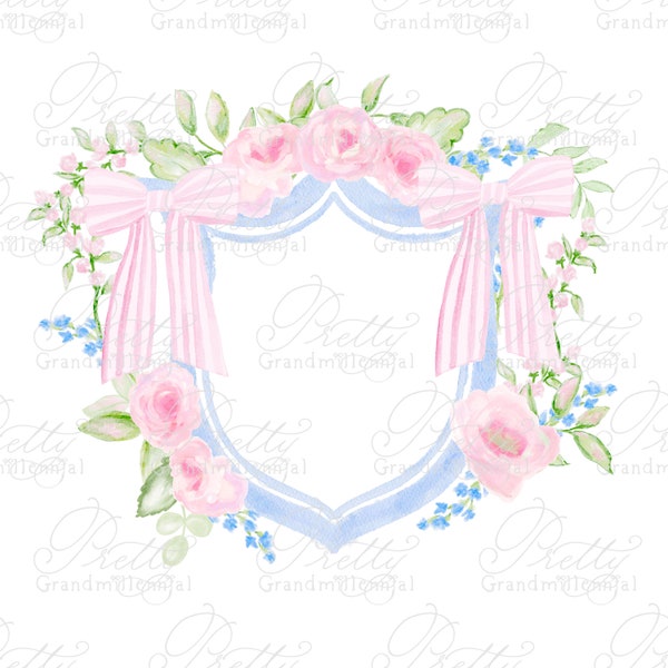Watercolor Double Bow Crest, wedding crest, watercolor crest, double bow crest, grandmillennial crest, nursery crest, crest clipart