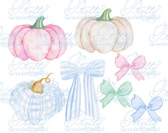 Grandmillennial pumpkin clipart, pink pumpkin clipart, white pumpkin watercolor, watercolor pumpkins, watercolor fall clipart, autumn