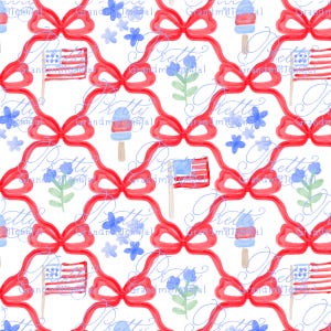 Preppy Patriotic pattern, seamless Independence Day pattern, grandmillennial seamless pattern, flag, bow pattern, 4th of July pattern