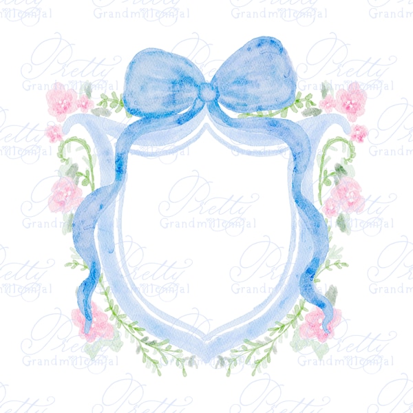 Watercolor Double Gingham Bow Crest, wedding crest, watercolor crest, double bow crest, grandmillennial crest, nursery crest, crest clipart
